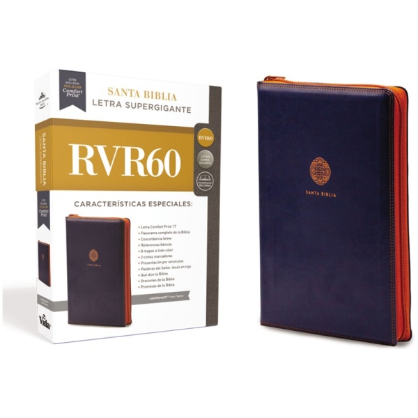 Rvr60 Santa Biblia Letra Supergigante Leathersoft Cierre Azul