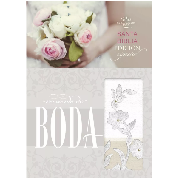 Biblia RVR60 simil piel recuerdo de boda blanco/lino/encaje