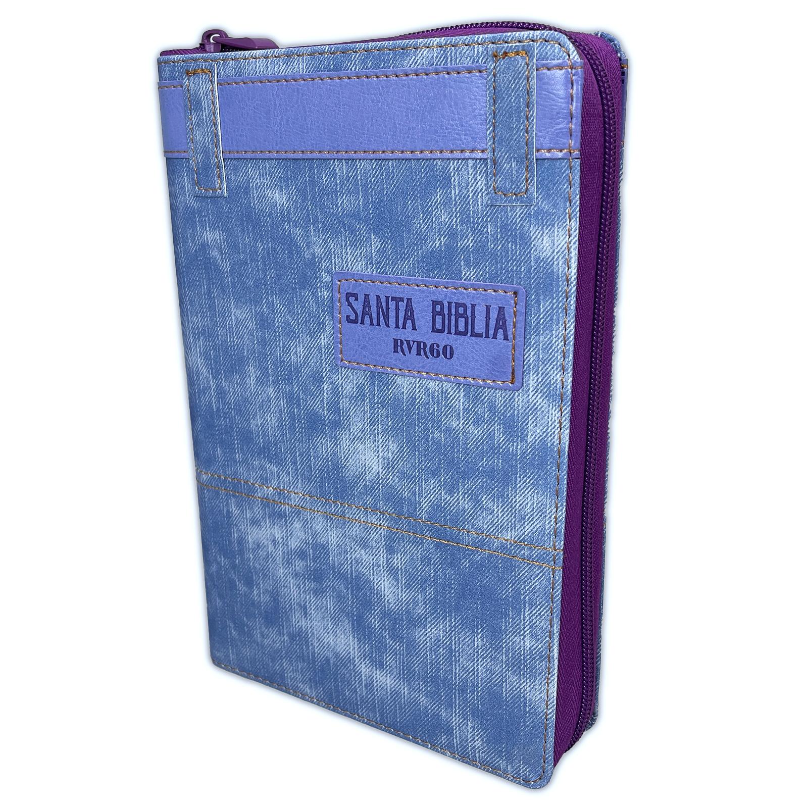 Biblia RVR 1960 Letra Grande Tamaño Manual Jean Cinturón de Cuero Lila Cierre con Índice