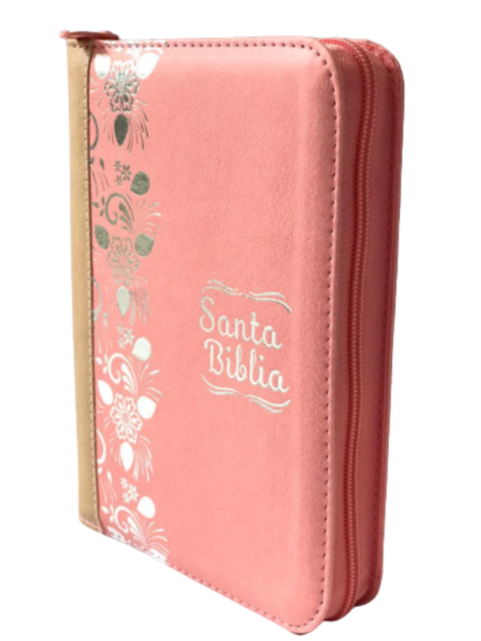Biblia Color Rosa Beige Cierre RVR 1960 Flores doradas
