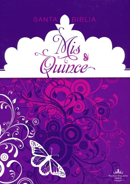 Biblia RVR60 mis quince simil piel morado con mariposas