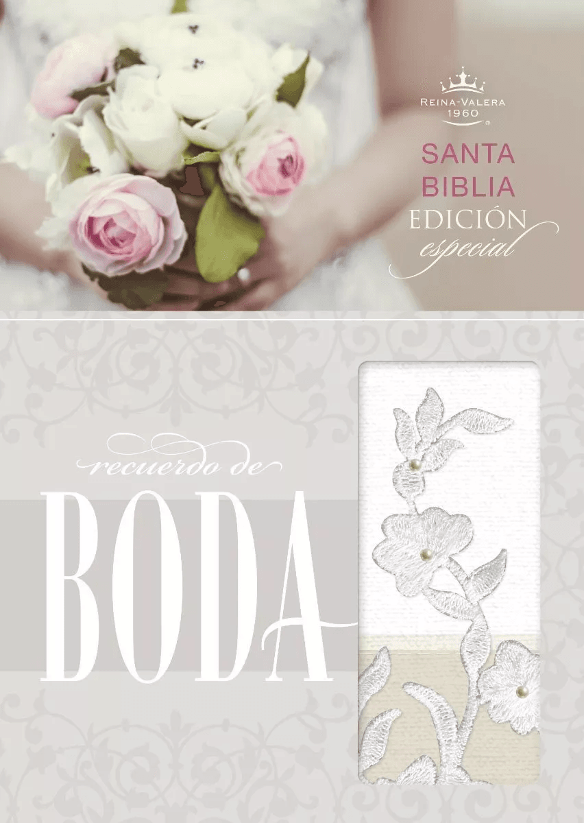 Biblia RVR60 simil piel recuerdo de boda blanco/lino/encaje