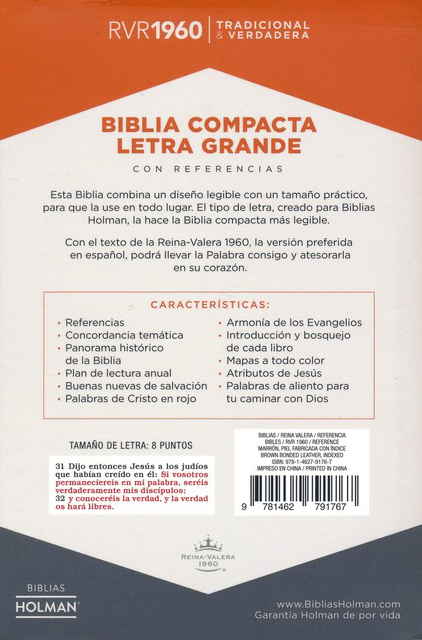 Rvr1960 Biblia Compacta Letra Grande Marrón, Piel Fabricada Con Índice