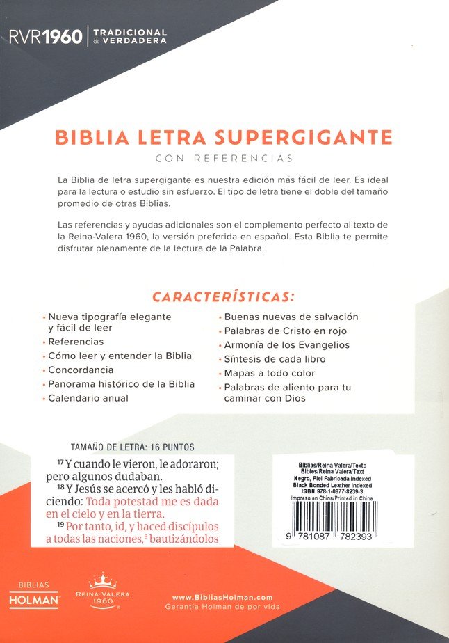 Biblia RVR1960 Letra Súper Gigante Negro Índice Cierre 17pt