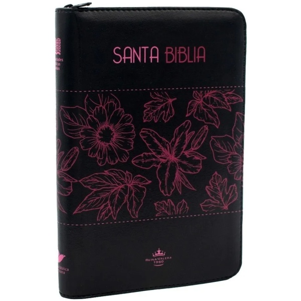 Biblia RVR1960 Mediana Cierre Negro Flores Rosa QR RVR065cZLGPJR