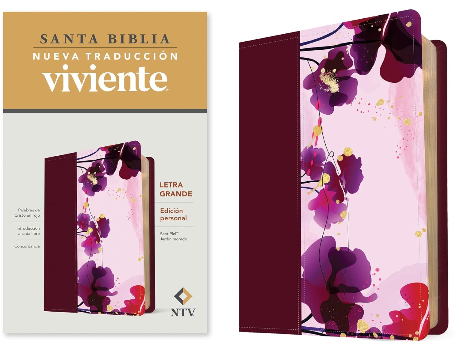 Biblia NTV Personal Letra Grande SentiPiel Jardín Morado Letra Roja