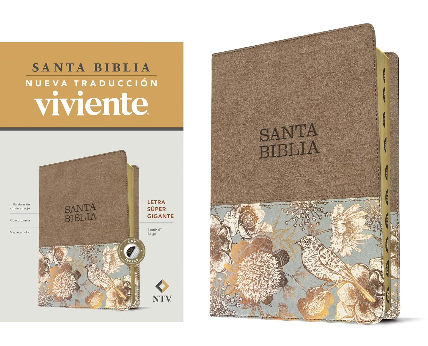 Biblia NTV Beige Sentipiel letra súper gigante Índice PJR