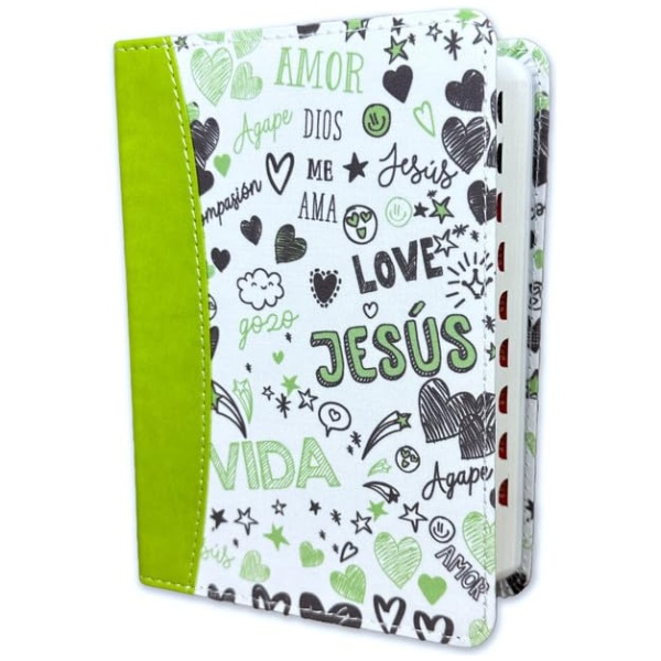 Biblia RVR1960 Palabras de vida amor verde im piel índice bolsillo 8.5pt