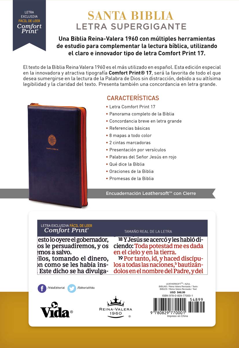 Biblia RVR1960 letra supergigante Leathersoft cierre Azul