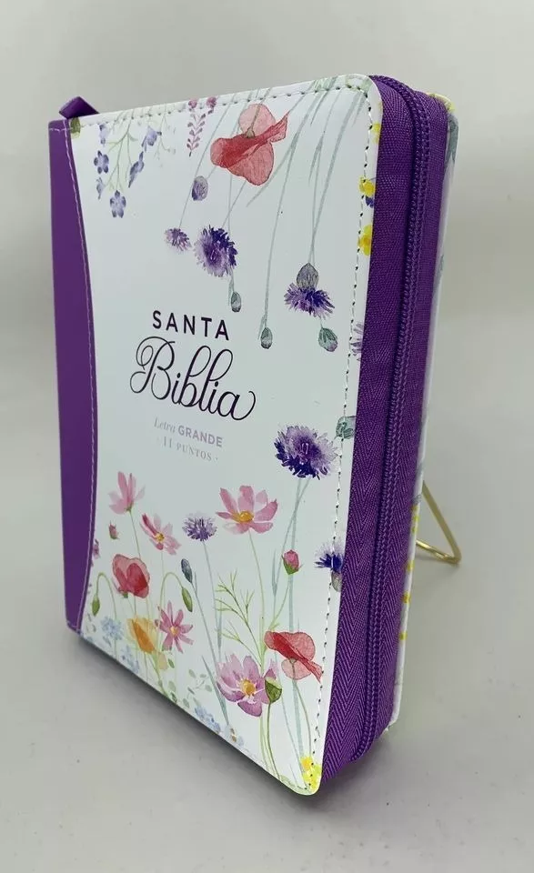 Biblia RVR1960 Primaveral lila oscuro im piel cierre chica 11pt LG PRJ