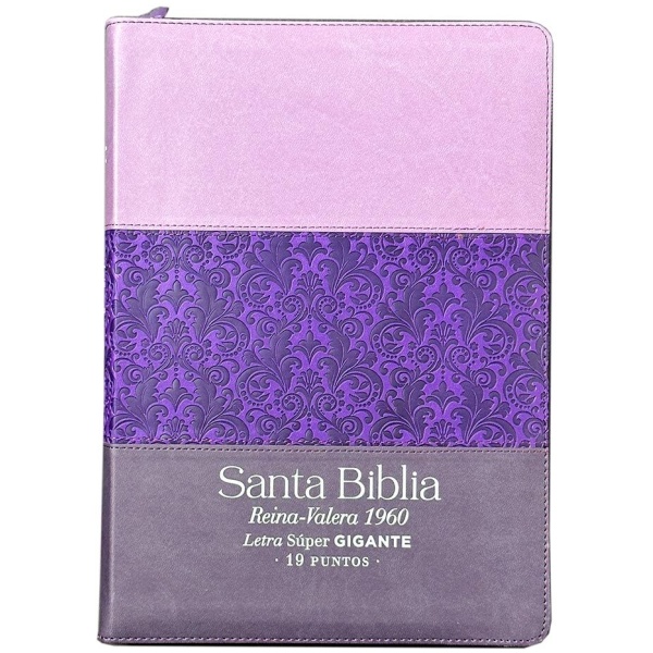 Biblia RVR1960 super gigante lila morado negro im piel cierre índice 19pt
