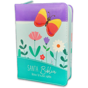 Biblia RVR1960 Primor lila/azul/turquesa mariposa im piel cierre bolsillo 8.5pt