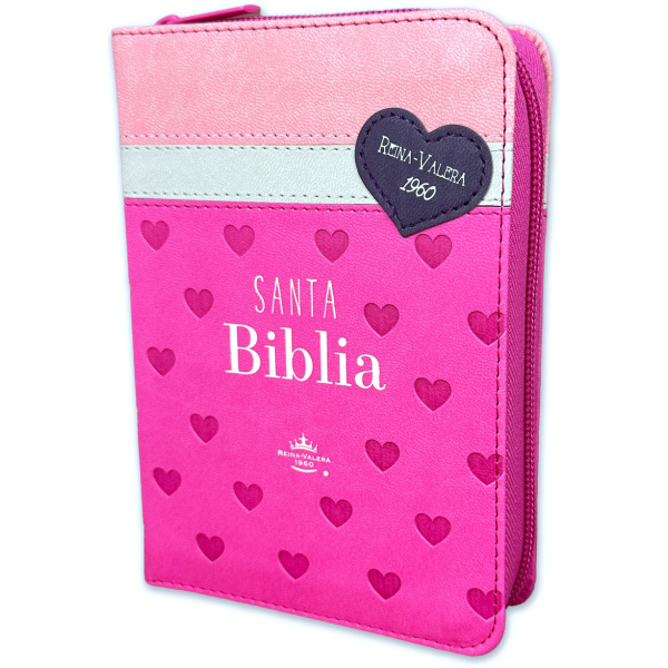 Biblia RVR1960 Primor fuscsia/blanco/rosa corazones im piel cierre bolsillo 8.5pt