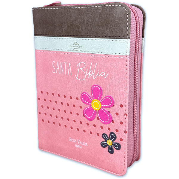 Biblia RVR1960 Primor cafe beige rosa flores im piel cierre bolsillo 7.5pt