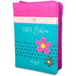Biblia RVR1960 Primor fucsia rosa turq flores im piel cierre bolsillo 7.5pt