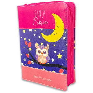 Biblia RVR1960 Primor fuscia/lila/rosa luna buho im piel cierre bolsillo 8.5pt