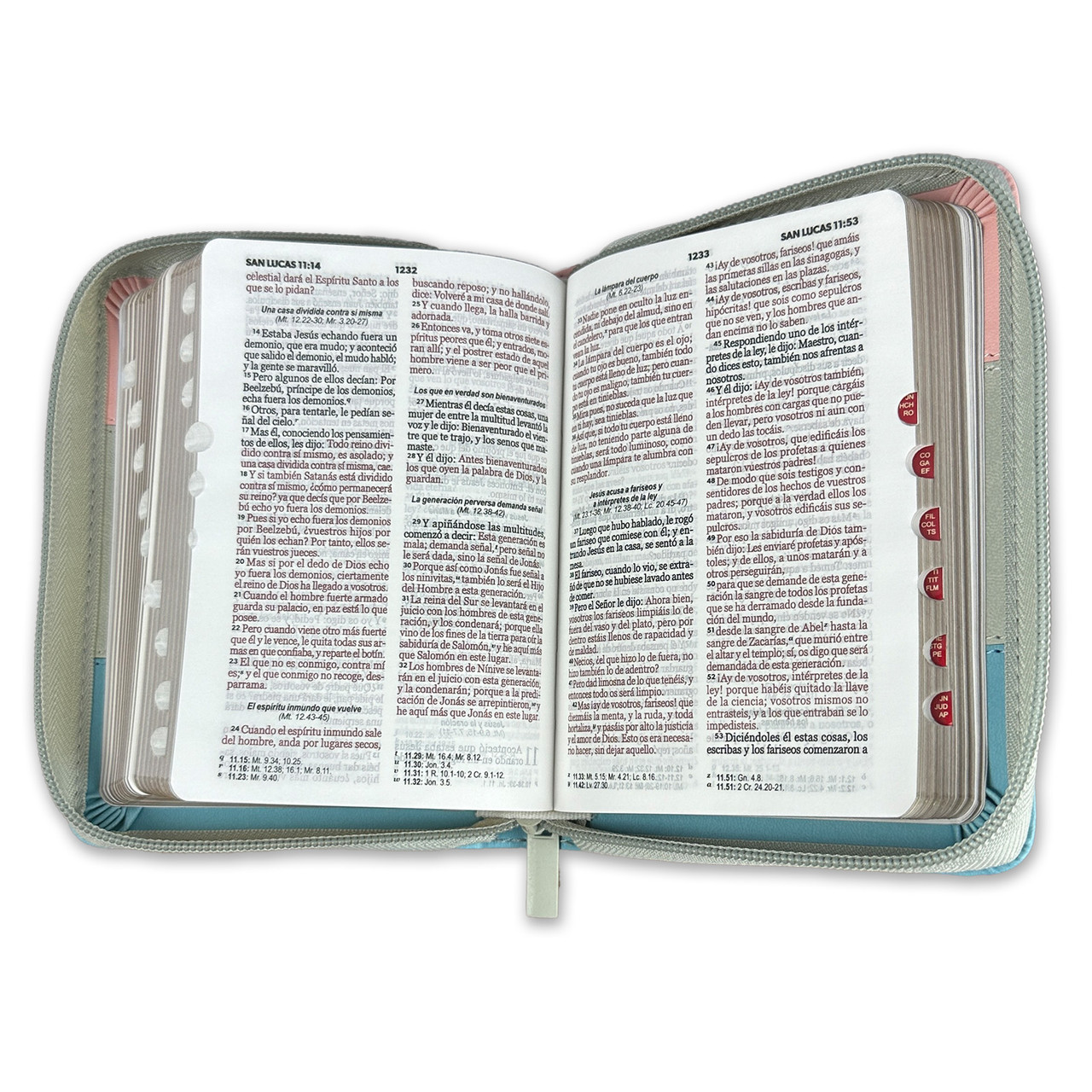 Biblia RVR1960 Tricolor rosa blanco turquesa im piel cierre índice bolsillo 8.5P