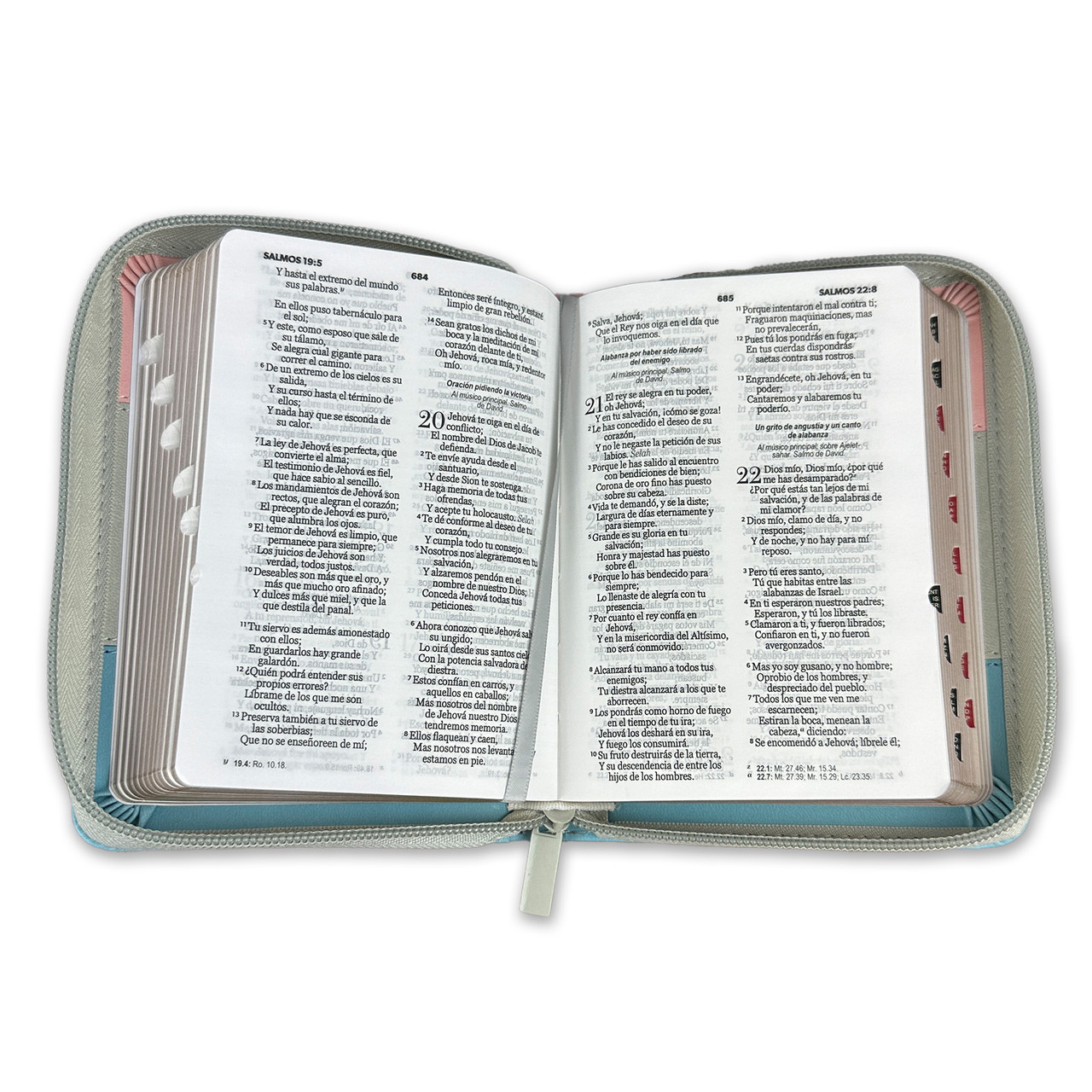 Biblia RVR1960 Tricolor rosa blanco turquesa im piel cierre índice bolsillo 8.5P
