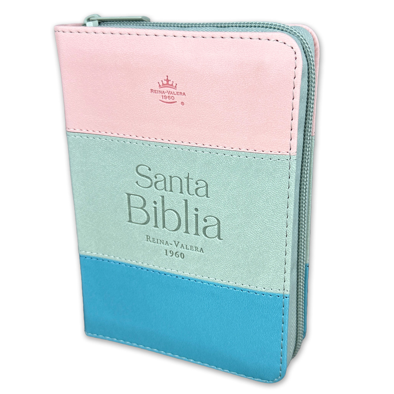 Biblia RVR1960 Tricolor rosa blanco turquesa im piel cierre índice bolsillo 8.5P