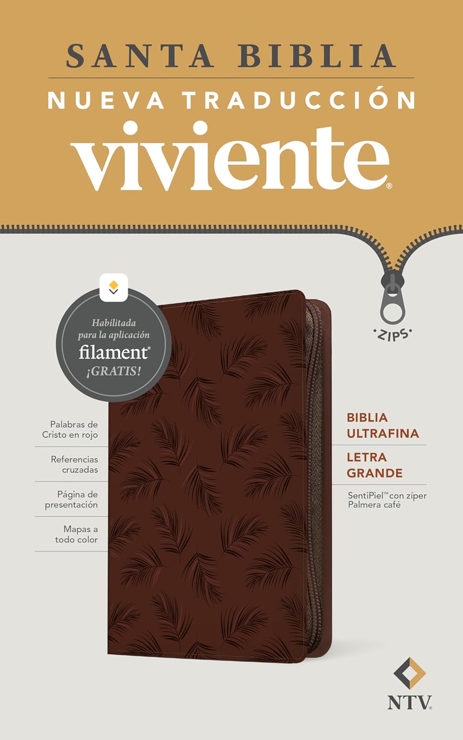 Biblia NTV Ultrafina con filament palmera café sim piel lt gde cierre 10.25pt