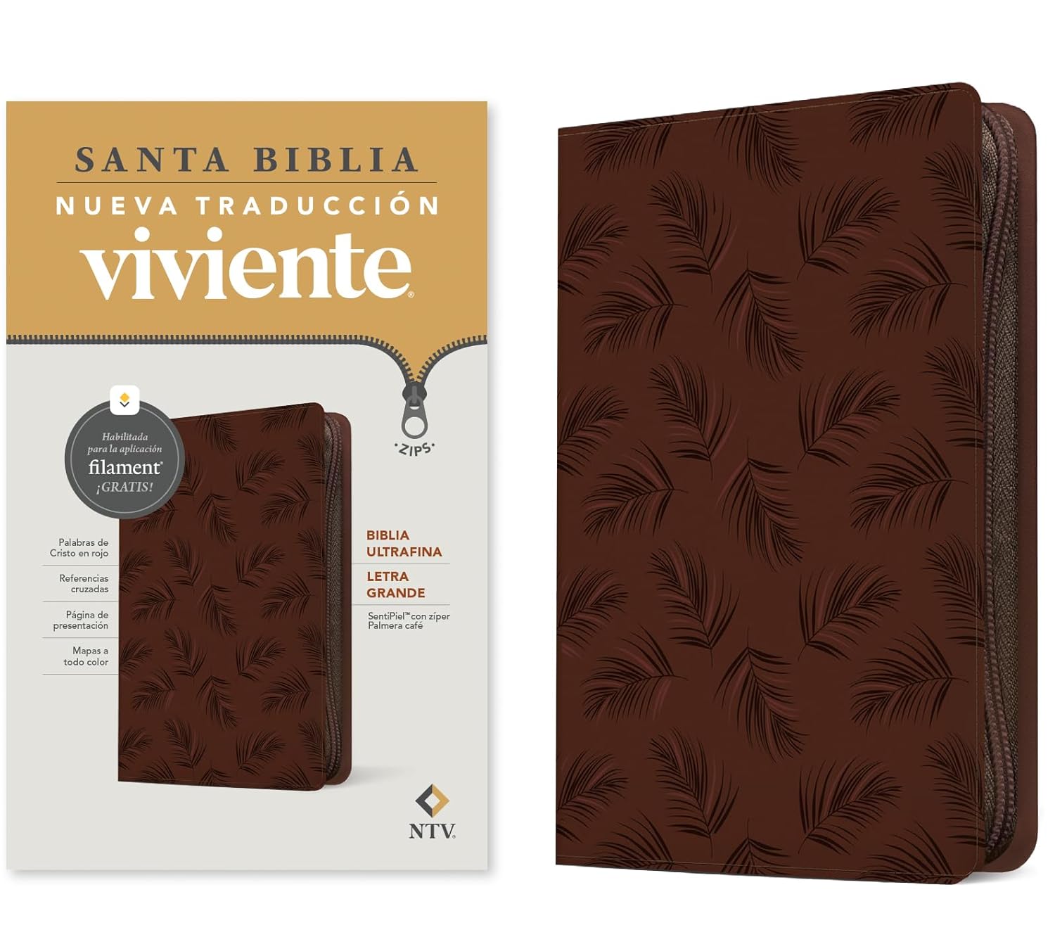 Biblia NTV Ultrafina con filament palmera café sim piel lt gde cierre 10.25pt