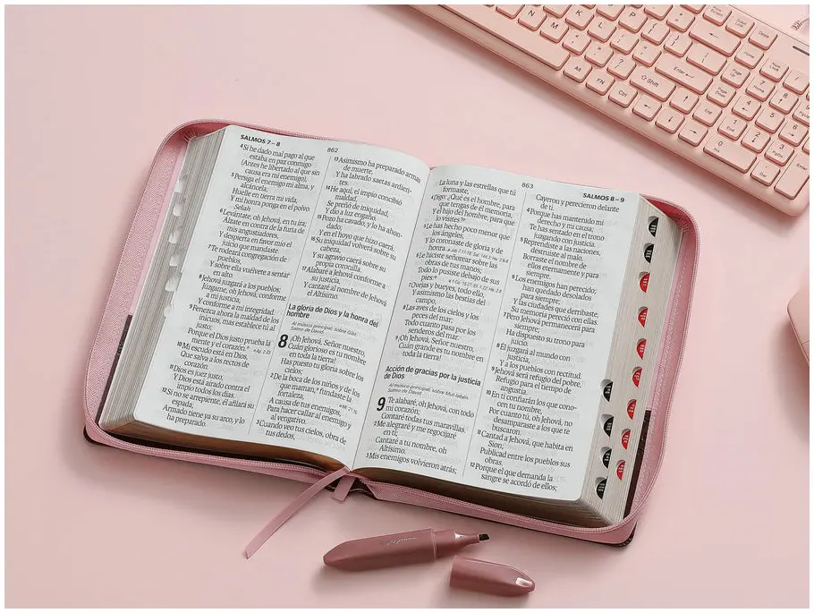 Biblia RVR1960 Agora cafe/rosa con mariposas im piel índice cierre grande 19pt