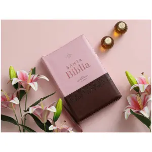 Biblia RVR1960 Agora cafe/rosa con mariposas im piel índice cierre grande 19pt