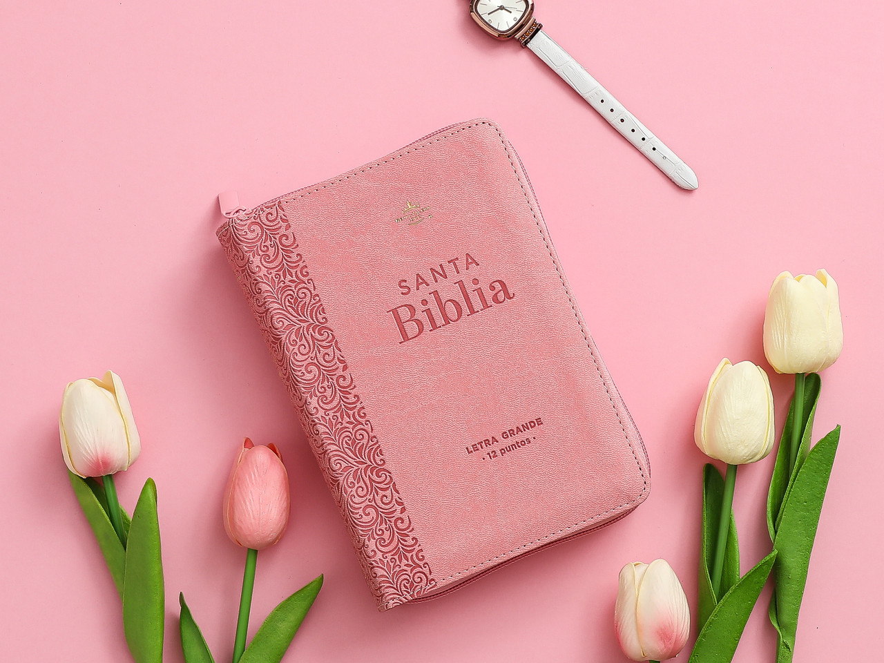 Biblia RVR1960 compacto rosa floral im piel cierre chica 12pt - Image 5