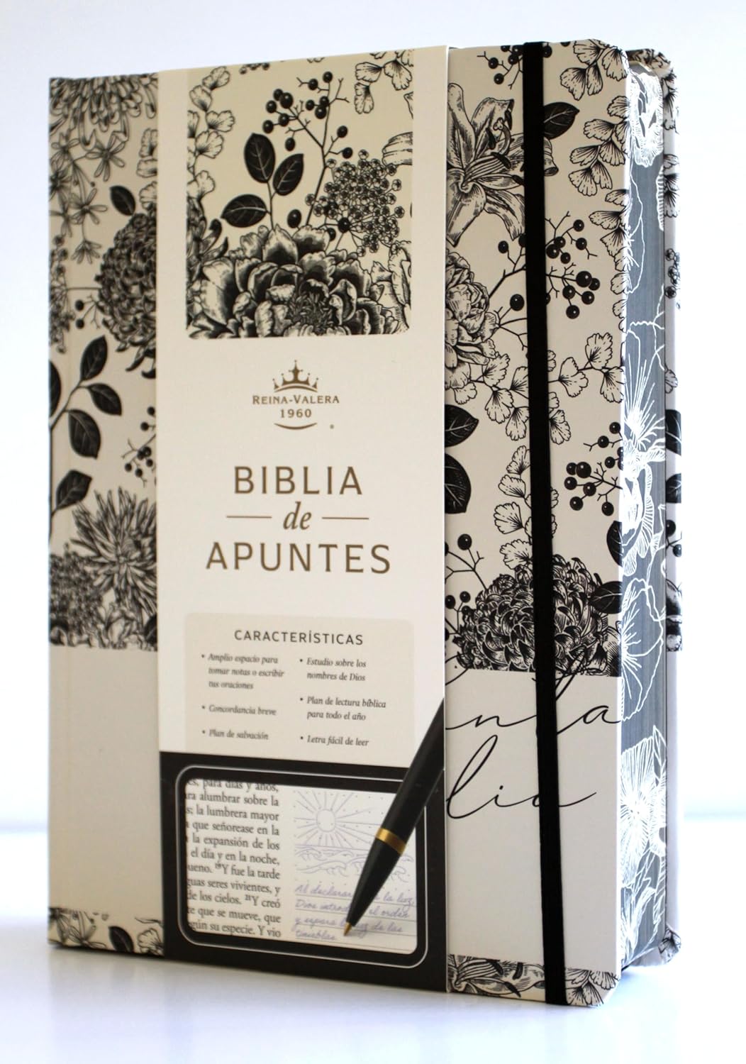 Biblia RVR1960 Apuntes blanco negro c/flores cto pintado tapa dura manual 11pt