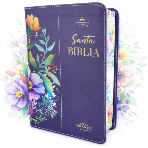 Biblia RVR1960 flores bendicion lila c/p im piel chica 12pt