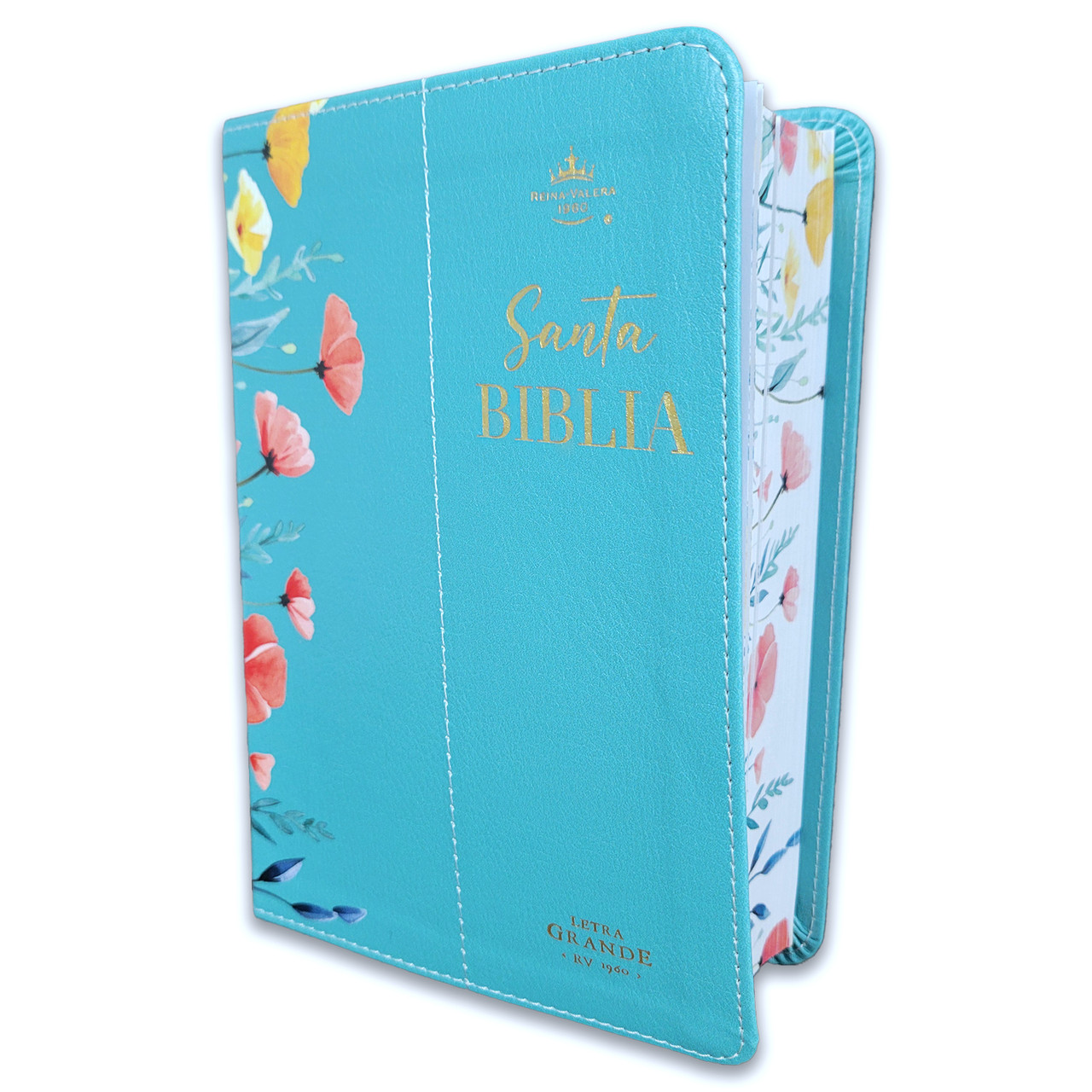 Biblia RVR1960 flores bendicion turquesa c/p im piel CH 12pt