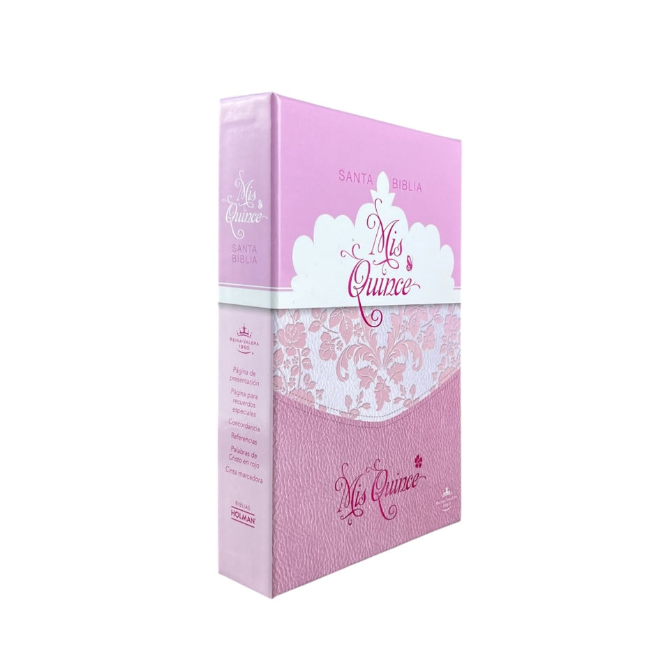 Biblia RVR1960 mis quince rosa floreado im piel compacta 8.5pt