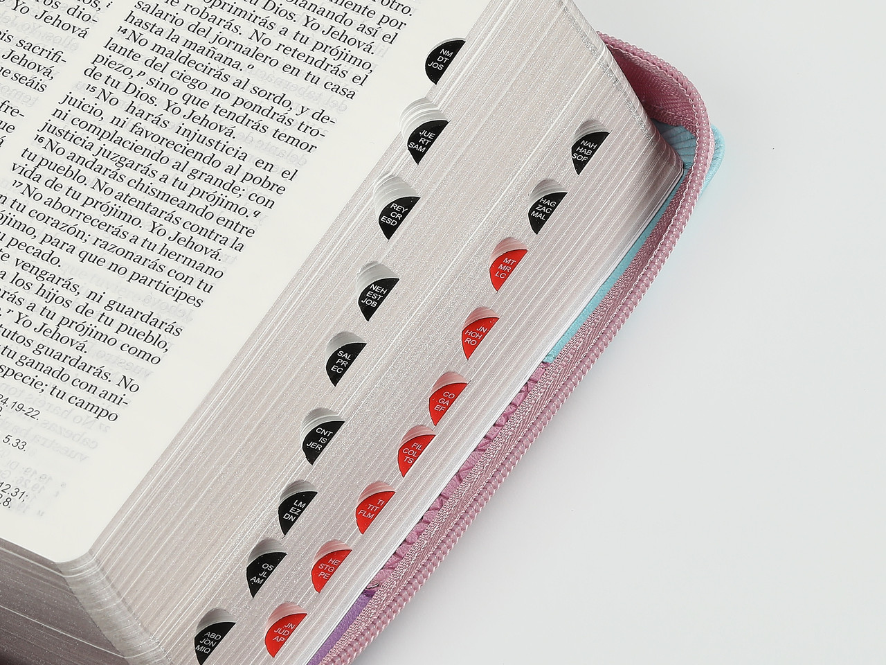 Biblia RVR1960 Tricolor azul rosa lila im piel cierre índice TC 11pt