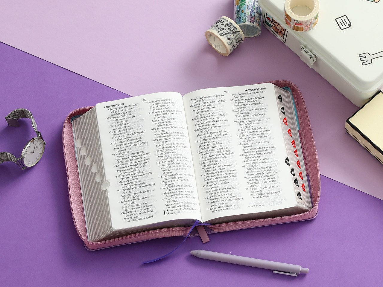 Biblia RVR1960 Tricolor azul rosa lila im piel cierre índice TC 11pt