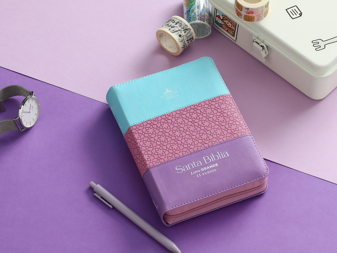 Biblia RVR1960 Tricolor azul rosa lila im piel cierre índice TC 11pt