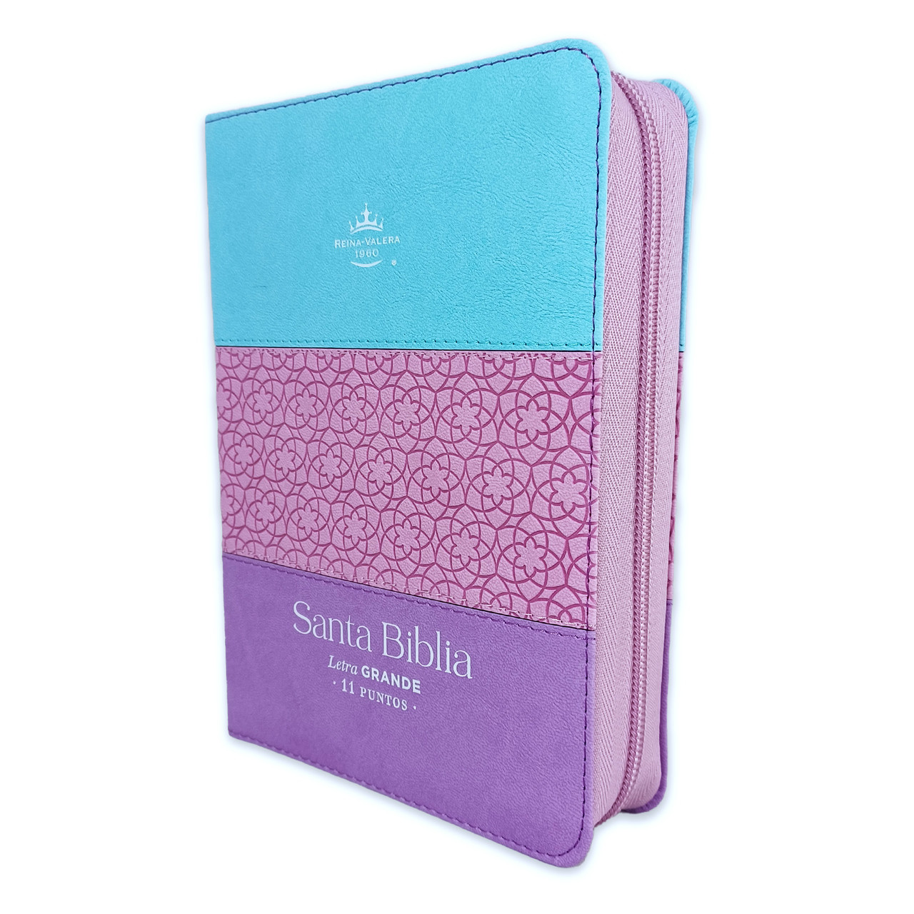 Biblia RVR1960 Tricolor azul rosa lila im piel cierre índice TC 11pt