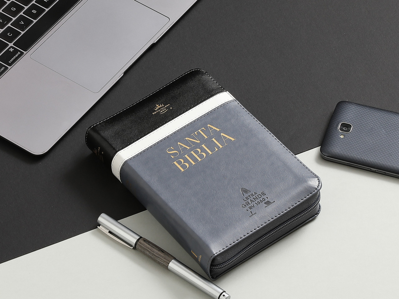 Biblia RVR1960 Fidelidad tricolor neg bco gris im piel cierre chica 10pt